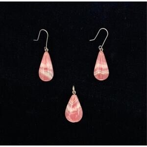 Sterling Silver Rhodochrosite Teardrop Shaped Drop Earrings & Pendant